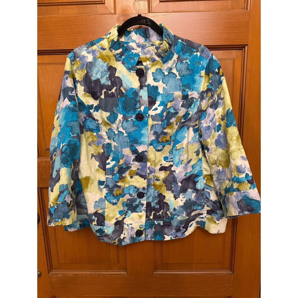 Coldwater Creek Cotton/Linen 3/4 Sleeve Watercolor Floral Short Jacket Size 18